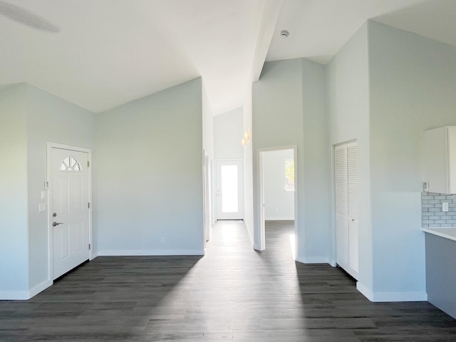 foyer entrance with high vaulted ceiling and dark hardwood / wood-style floors