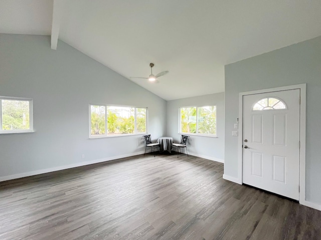 entrance foyer with ceiling fan, lofted ceiling with beams, and dark wood-type flooring