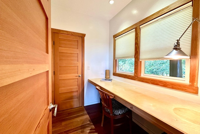 office featuring built in desk and dark wood-type flooring