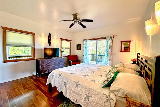 bedroom with ceiling fan, access to exterior, and dark hardwood / wood-style floors