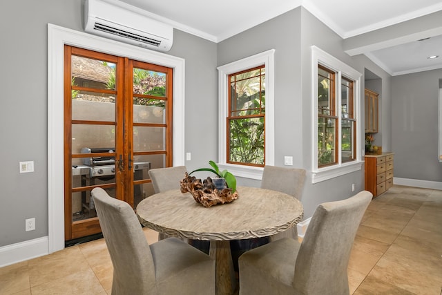 dining area featuring a wall mounted AC, french doors, and light tile patterned floors