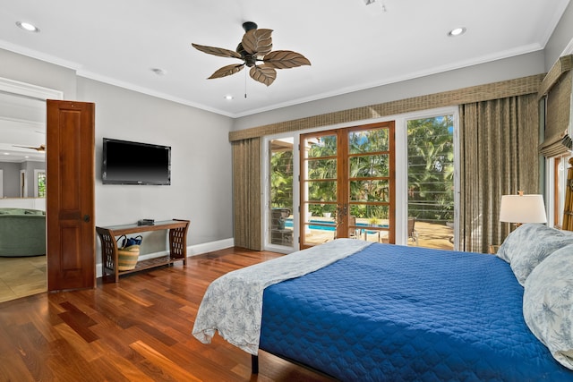 bedroom with access to exterior, ceiling fan, crown molding, and dark wood-type flooring