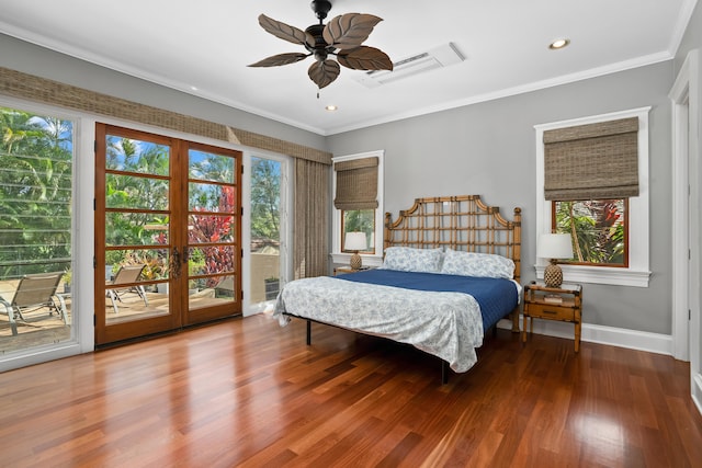 bedroom featuring hardwood / wood-style floors, ceiling fan, crown molding, and access to outside