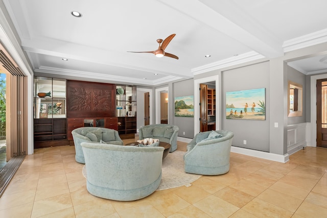 living room with beamed ceiling, ceiling fan, light tile patterned flooring, and crown molding