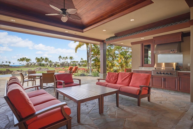 view of patio with an outdoor living space, a grill, area for grilling, and ceiling fan