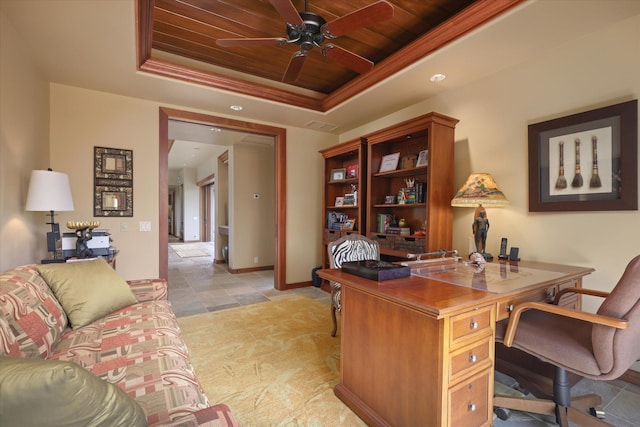 home office featuring a raised ceiling, ceiling fan, and wood ceiling