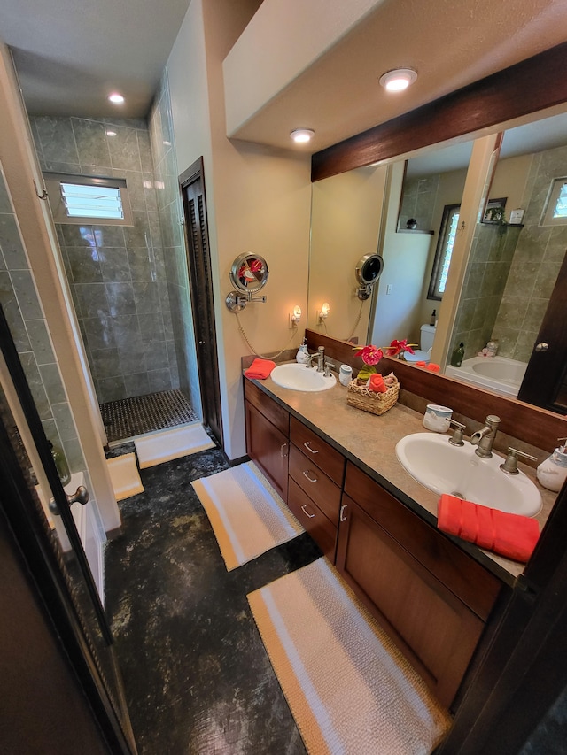 bathroom with walk in shower, vanity, beam ceiling, and toilet