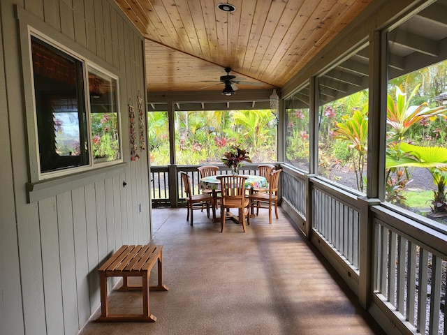 sunroom / solarium featuring lofted ceiling, ceiling fan, and wooden ceiling