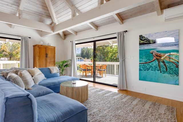 living area featuring lofted ceiling with beams, wood finished floors, wood ceiling, baseboards, and an AC wall unit