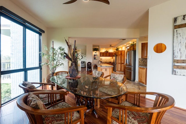 dining area with ceiling fan and light hardwood / wood-style flooring