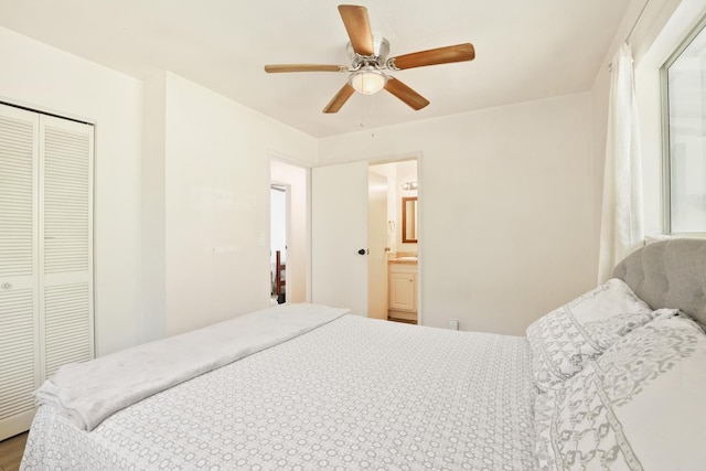 bedroom featuring connected bathroom, ceiling fan, and a closet