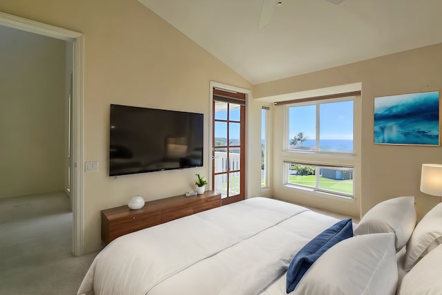 bedroom featuring carpet flooring and vaulted ceiling