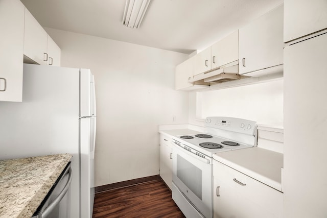 kitchen featuring white cabinetry, white appliances, and dark hardwood / wood-style floors