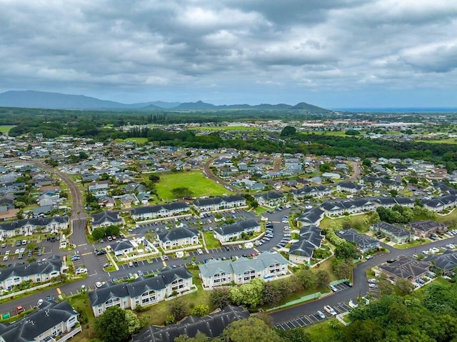 drone / aerial view featuring a mountain view