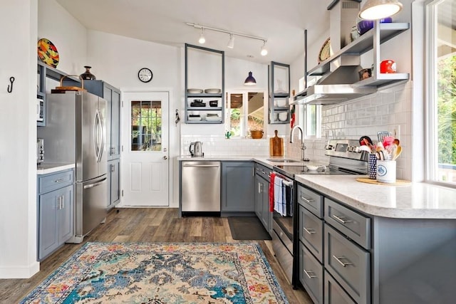 kitchen featuring gray cabinets, dark hardwood / wood-style flooring, lofted ceiling, and appliances with stainless steel finishes