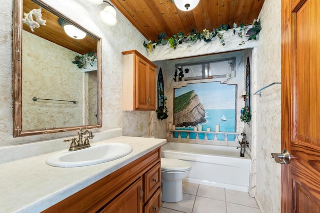 bathroom featuring toilet, vanity, tile patterned flooring, a bathtub, and wooden ceiling