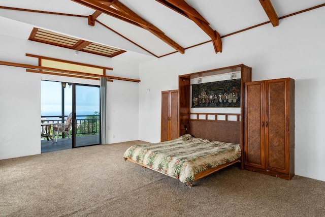 bedroom with carpet floors, high vaulted ceiling, beam ceiling, and access to outside