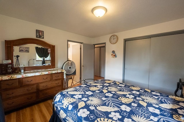 bedroom featuring wood-type flooring and a closet