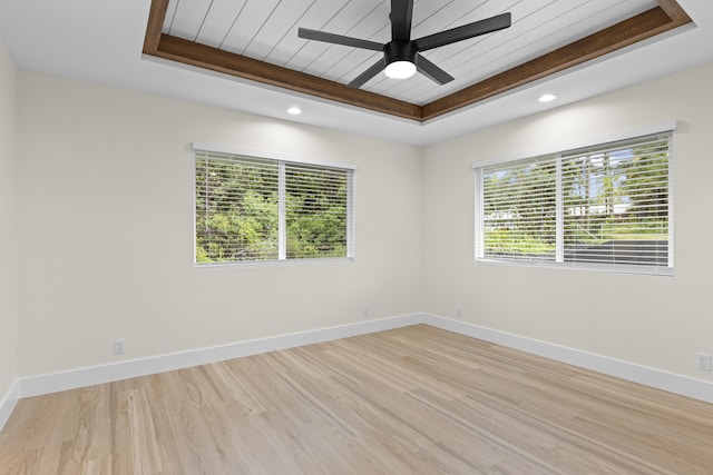 empty room featuring light wood-type flooring, a raised ceiling, and ceiling fan