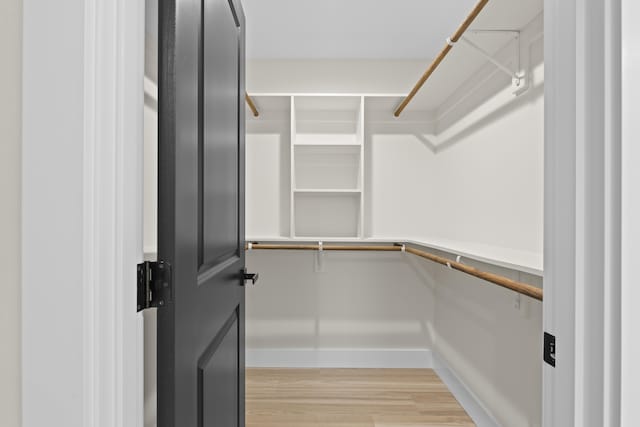 walk in closet with light hardwood / wood-style flooring