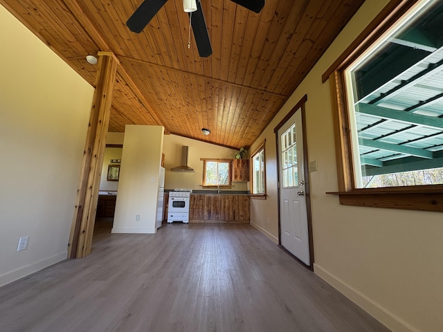 unfurnished living room with wood-type flooring, lofted ceiling, sink, ceiling fan, and wood ceiling