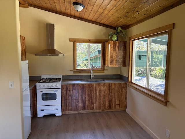 kitchen with sink, white appliances, wooden ceiling, and wall chimney exhaust hood