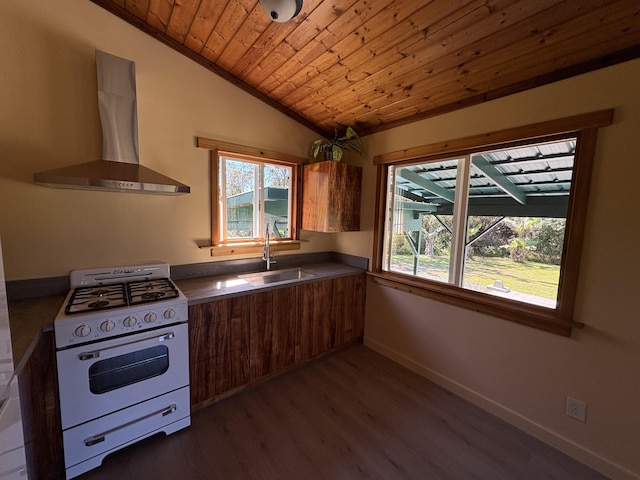 kitchen featuring extractor fan, vaulted ceiling, sink, wood ceiling, and white gas range oven