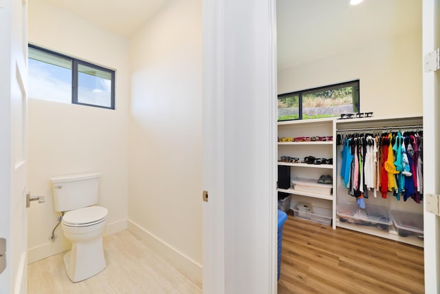 bathroom featuring a wealth of natural light, toilet, and wood-type flooring