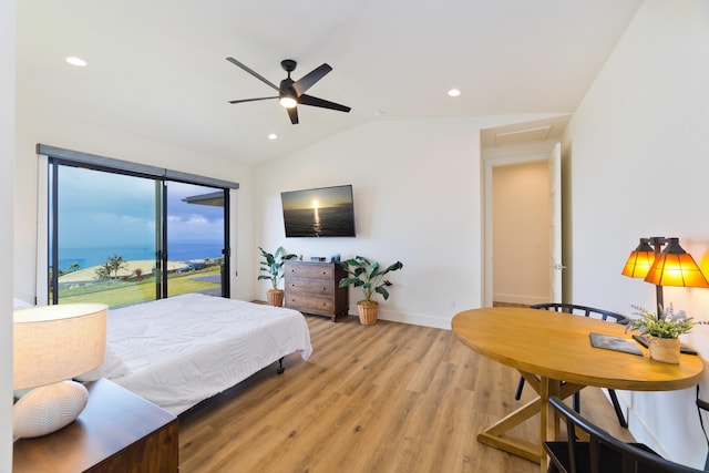 bedroom with ceiling fan, lofted ceiling, access to exterior, and light wood-type flooring