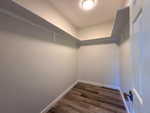 walk in closet with dark hardwood / wood-style flooring