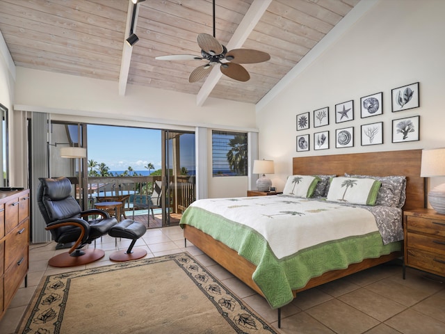 tiled bedroom with access to outside, vaulted ceiling with beams, ceiling fan, and wooden ceiling