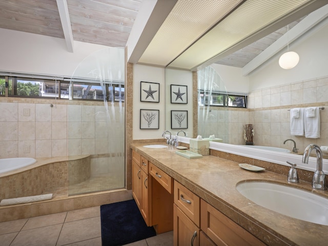 bathroom featuring tile patterned floors, brick ceiling, vanity, independent shower and bath, and vaulted ceiling with beams