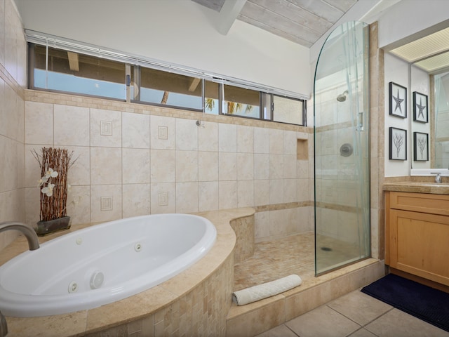 bathroom with separate shower and tub, tile patterned flooring, and vanity