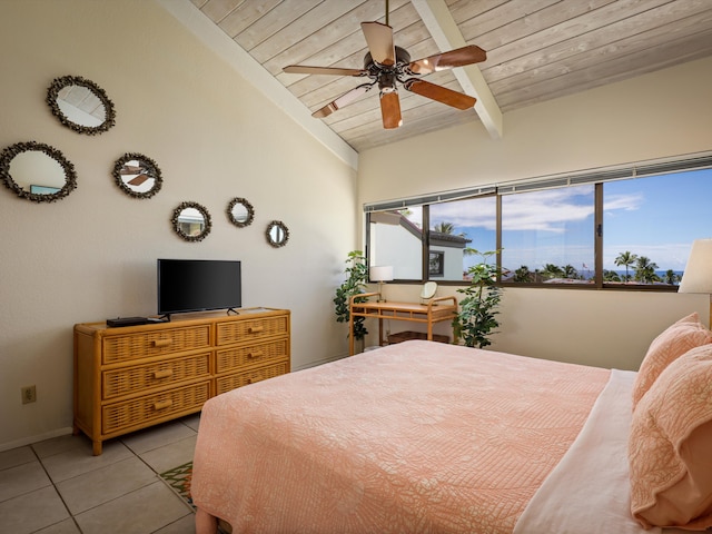 tiled bedroom with vaulted ceiling with beams, ceiling fan, and wooden ceiling