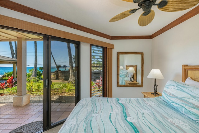 bedroom with access to exterior, crown molding, ceiling fan, and a water view