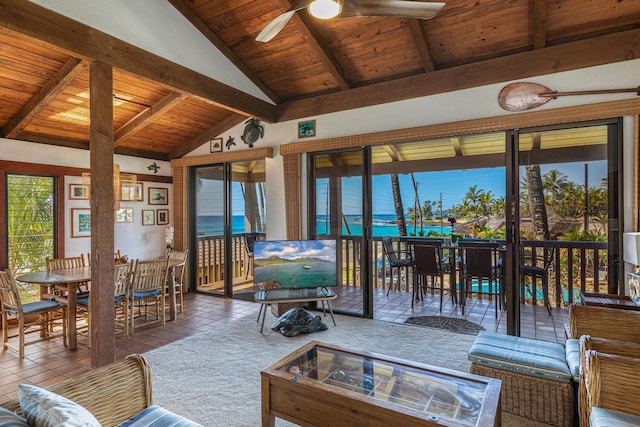 living room featuring wood ceiling, ceiling fan, tile patterned floors, and lofted ceiling with beams