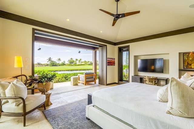 bedroom with ceiling fan and vaulted ceiling