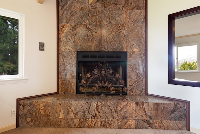 details featuring a tile fireplace and carpet floors