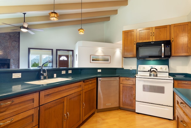 kitchen featuring sink, white electric stove, vaulted ceiling with beams, a high end fireplace, and stainless steel dishwasher