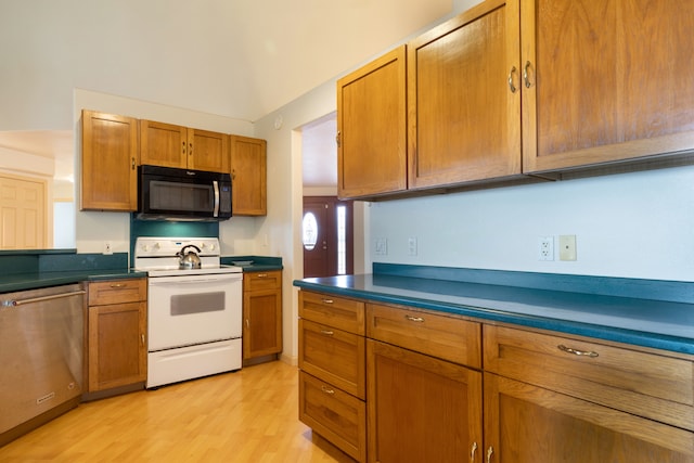 kitchen with dishwasher, light wood-type flooring, and white range with electric stovetop