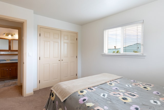 bedroom featuring carpet, sink, and a closet