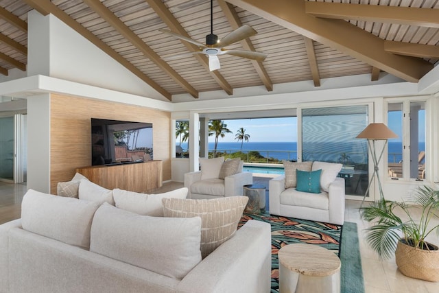 living room with beam ceiling, a water view, high vaulted ceiling, and ceiling fan