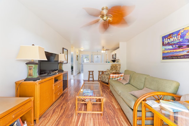 living room featuring wood-type flooring and ceiling fan