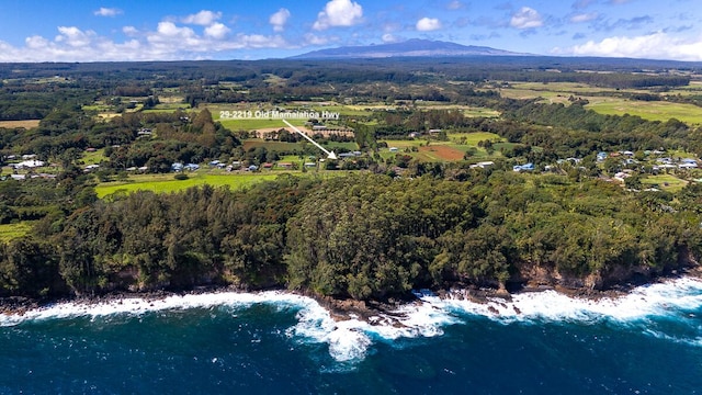 aerial view with a wooded view and a mountain view