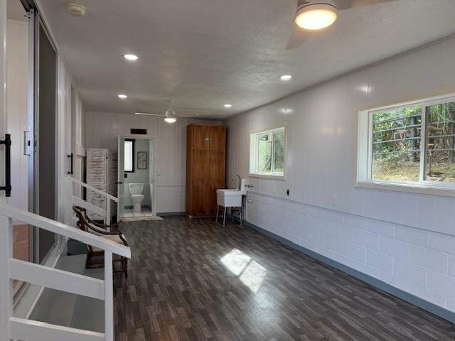 interior space featuring ceiling fan and dark wood-type flooring