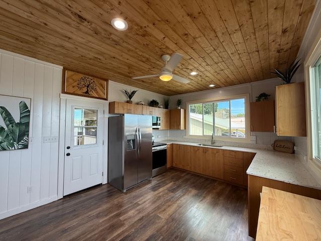 kitchen with wooden ceiling, stainless steel appliances, ceiling fan, dark wood-type flooring, and decorative backsplash