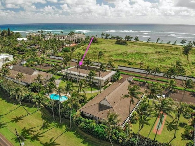 drone / aerial view featuring a water view