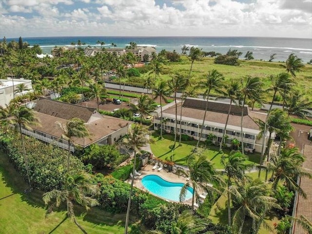 drone / aerial view featuring a water view