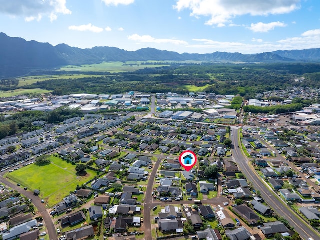 drone / aerial view featuring a mountain view