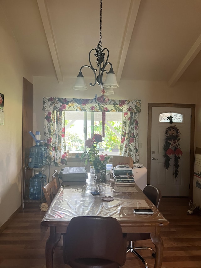 dining area with dark hardwood / wood-style flooring, an inviting chandelier, and beam ceiling